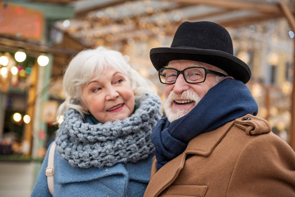 Cheerful old married couple breathing fresh air outdoor - Foto, Imagem
