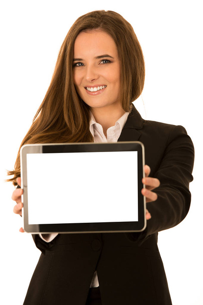 Beautiful young woman shows tablet with blank display - copy spa - Foto, Imagem