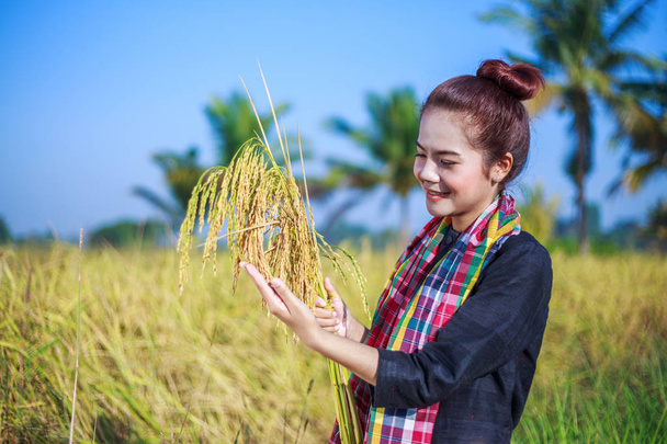 farmer woman holding rice in field - Fotó, kép