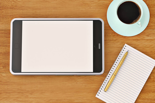 Αυτοκόλλητα σημειωματάριο smartphone και φλιτζάνι καφέ για ξύλινα desktop.3d - Φωτογραφία, εικόνα