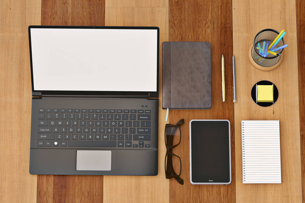 Bureau met laptop glazen toetsenbord koffiekopje en telefoon  - Foto, afbeelding