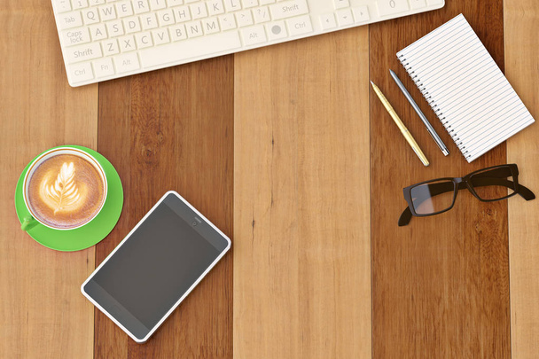Офис стол с ноутбуком очки клавиатура кофе чашки и телефон
  - Фото, изображение
