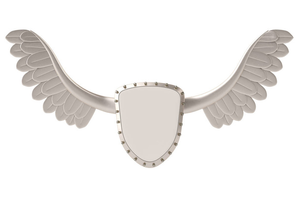 Flying shield silver shield  with wings.3D illustration. - 写真・画像