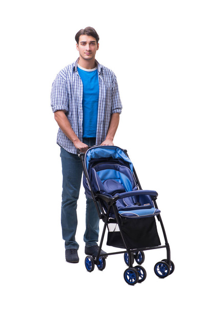 Молодий тато з дитячим коляскою ізольовано на білому
 - Фото, зображення