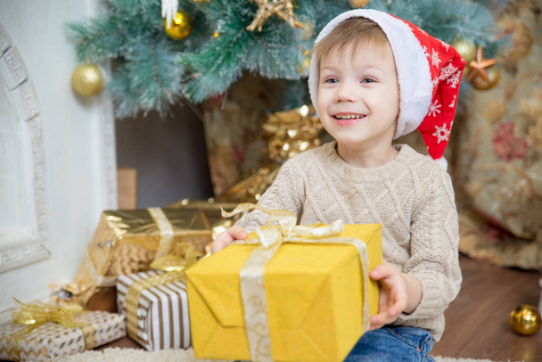 a boy in a red hat sits at a Christmas tree with a gift - Photo, Image