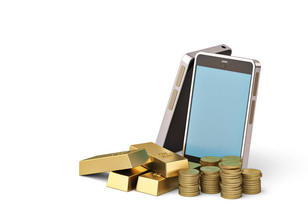 Mobile phone with gold.3D illustration. - Fotografie, Obrázek