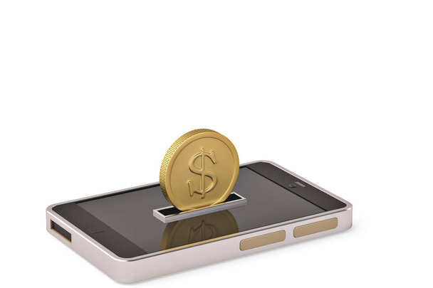 Big gold coin and mobile phone.3D illustration. - Photo, image