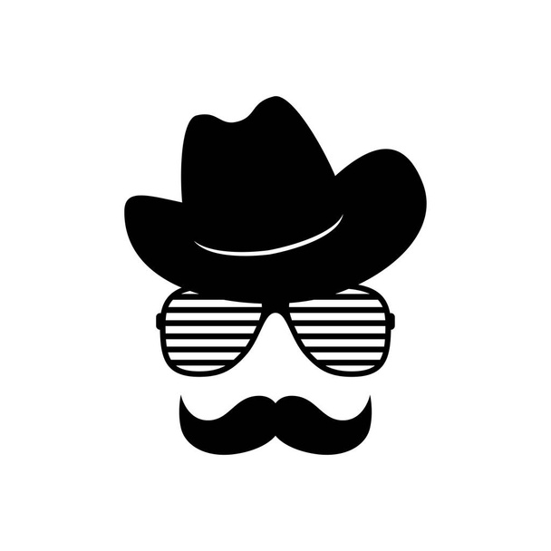 Cara de hombre con gafas, bigote y sombrero de vaquero. Objetos fotográficos. Vaquero. Vector
 - Vector, imagen