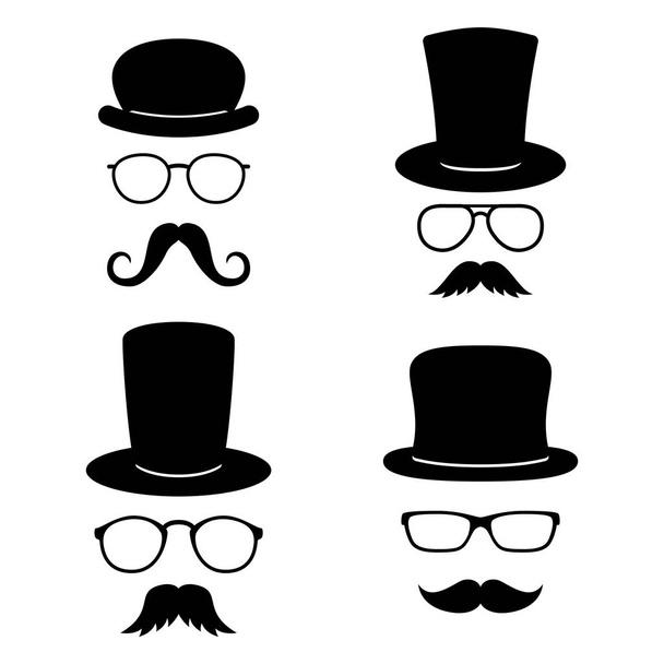 Man faces with glasses, mustache, hats. Photo props collections. Retro party set. Vector - Vecteur, image