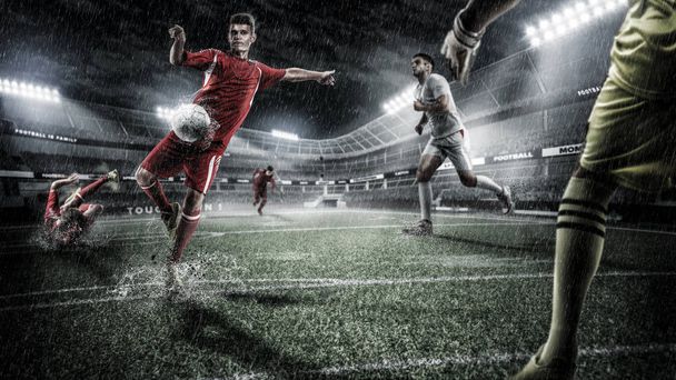 雨 3 d の残忍なサッカー アクション スポーツ アリーナ。ボールを持つ成熟したプレイヤー - 写真・画像