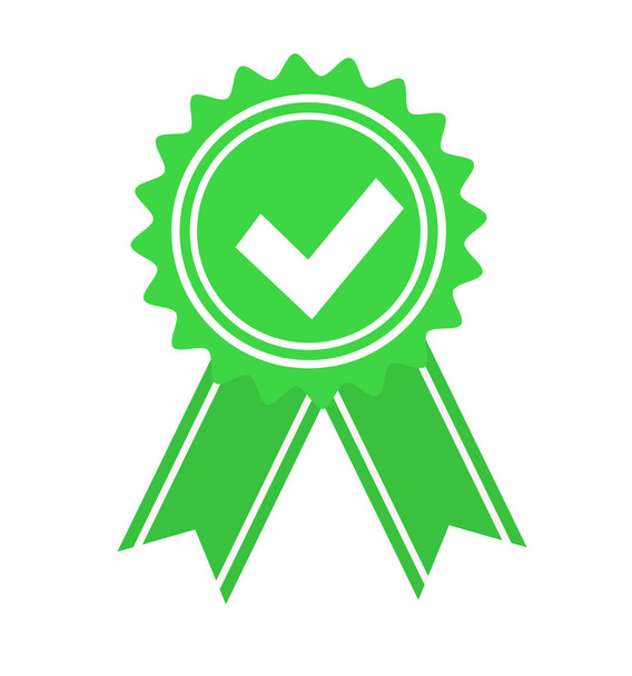 Groen goedgekeurd of gecertificeerd medaille pictogram in een platte ontwerp met sha - Vector, afbeelding