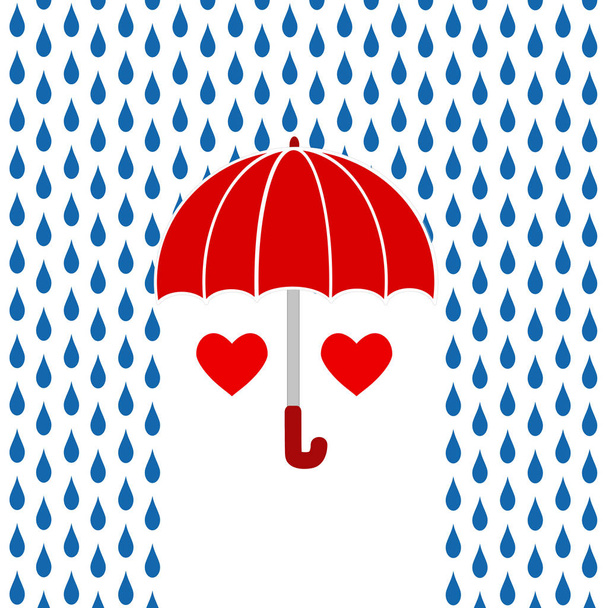 Two red hearts under red umbrella on rain, Valetine's Day greeti - Vector, Image
