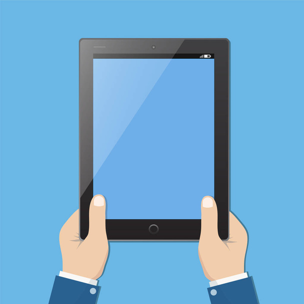 Empresario mantenga la tableta con pantalla azul vacía. Estilo de diseño plano
 - Vector, imagen