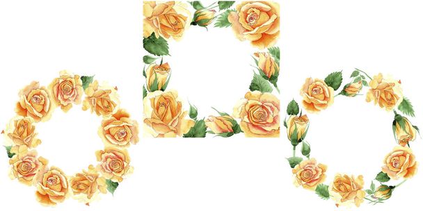 Wildflower yellow tea-hybrid roses flower wreath in a watercolor style.  - Photo, Image