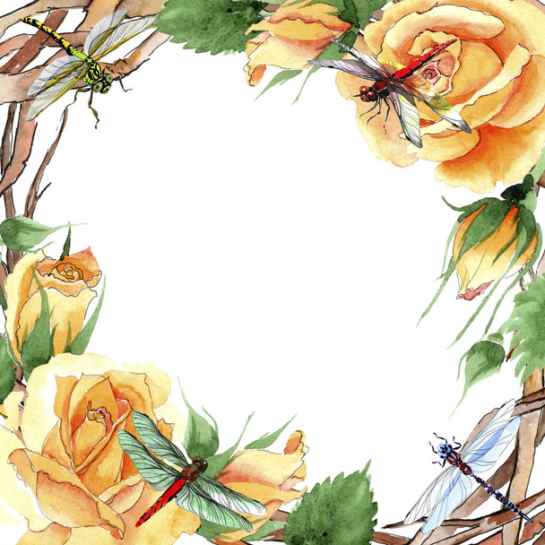 Wildflower yellow tea-hybrid roses flower frame in a watercolor style. - Photo, Image