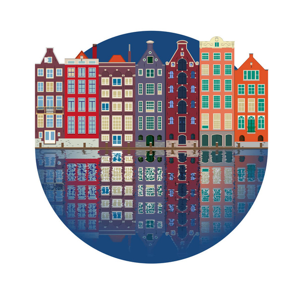 ilustração vetorial colorida, vista da cidade do canal de Amsterdã e casas típicas holandesas com reflexão em água. Holanda, Países Baixos
. - Vetor, Imagem