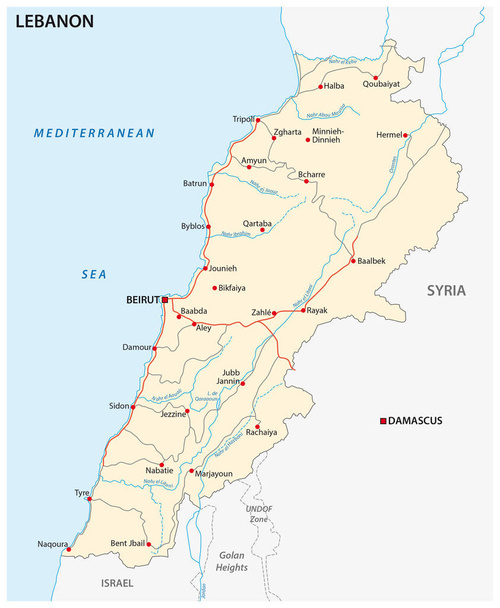 Mapa vectorial de carreteras de la República Libanesa con bandera
 - Vector, imagen