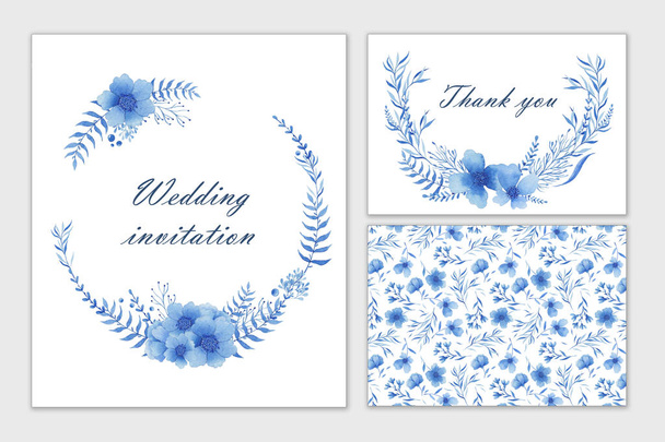 Conjunto de tarjetas de boda con flores azules. Acuarela dibujar a mano. Invitación, postal
. - Foto, Imagen