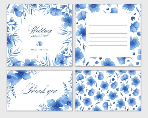 Hochzeitskarten mit blauen Blumen. Aquarell-Handzeichnung. Einladung, Postkarte. - Foto, Bild