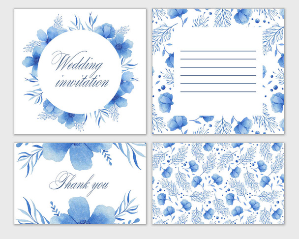 Set bruiloft kaarten met blauwe bloemen. Aquarel hand loting. Uitnodiging, briefkaart. - Foto, afbeelding