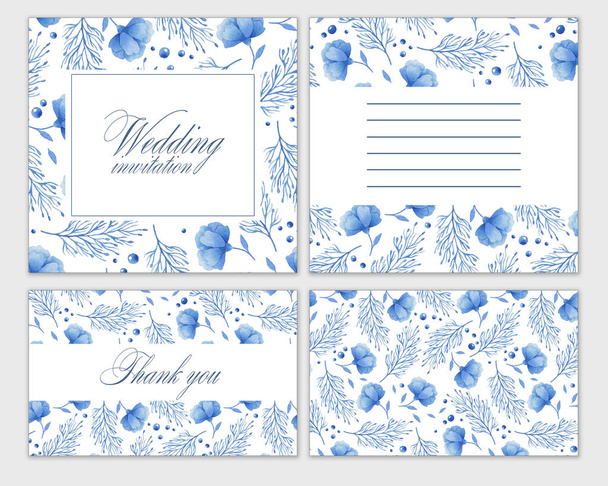 Ensemble de cartes de mariage avec des fleurs bleues. Aquarelle dessin à la main. Invitation, carte postale
. - Photo, image