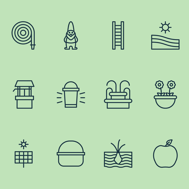 Gardening icons set with gnome, fountain, draw well and other package elements. Isolated vector illustration gardening icons. - Vector, Image
