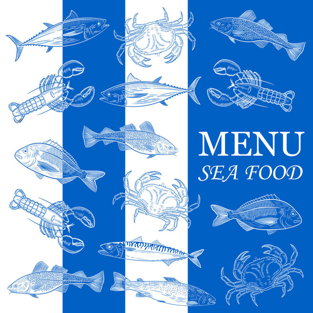 Меню, морська риба. Патерн розмальованих популярних морських риб і крабів, лобстер. Лосось, тунець, тріска, скумбрія, дорадо, лобстер, краб. Синій фон. Векторні ілюстрації
 - Вектор, зображення