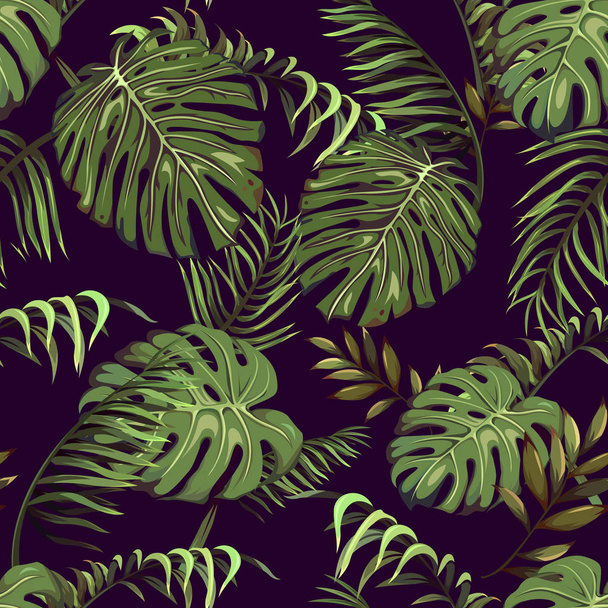 Seamless pattern with tropical leaves of palm trees on a dark background - Вектор, зображення