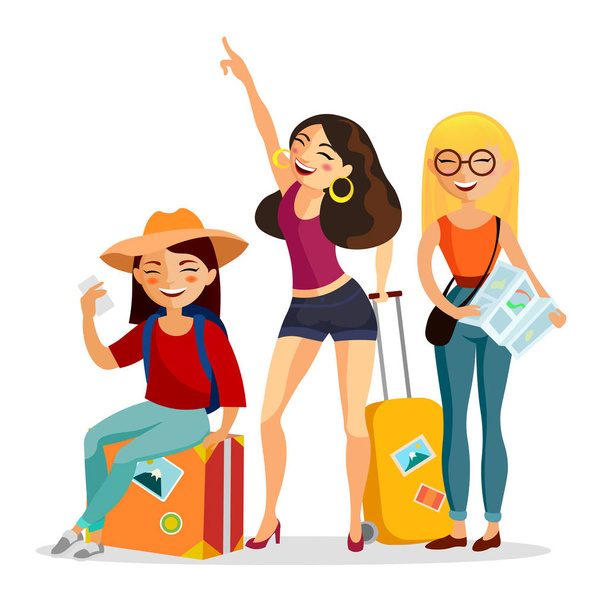 Meisjes die samen reizen vector vlakke afbeelding. Jongeren reizigers met koffers plezier geïsoleerd op een witte achtergrond. Reis en reis concept. - Vector, afbeelding