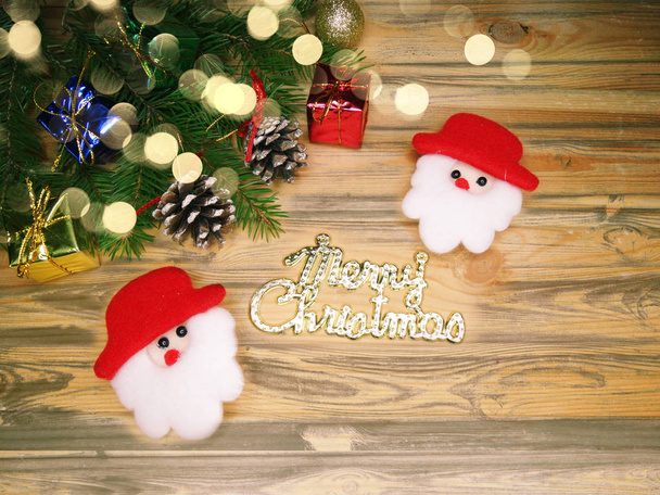 christmas decoration and garland lights on vintage wooden backgr - Photo, Image