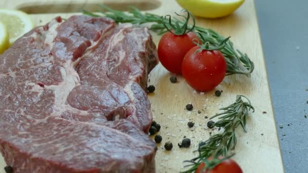 fresh raw beef steak with spices for cooking - Footage, Video