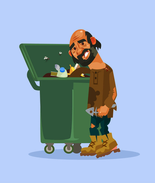 Homeless man character look for food in trash can. Vector cartoon illustration - Vector, imagen
