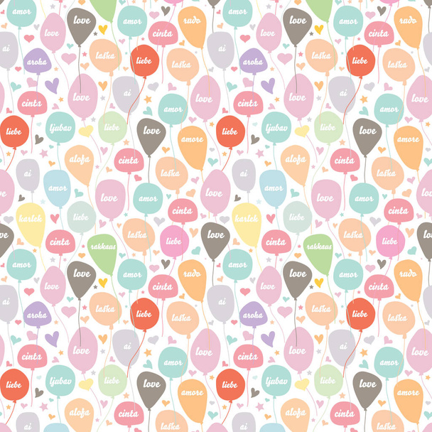 Seamless Pattern of balloon with love in various language and heart star shape. It can  be use as texture background, wrapping paper or vector graphic illustration. - Wektor, obraz