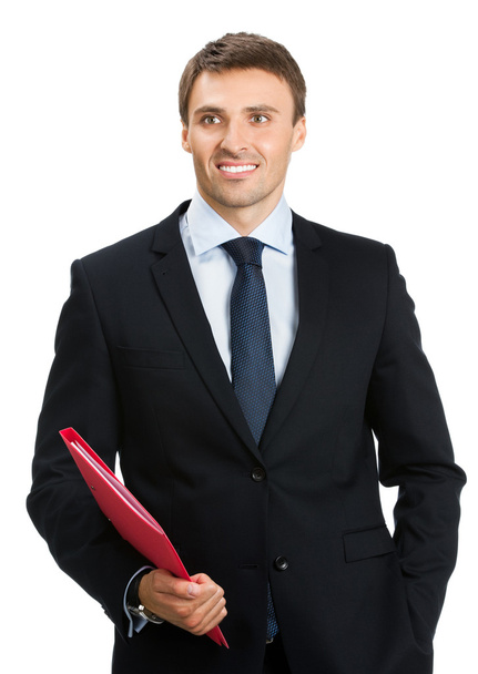Businessman with red folder, isolated - Foto, Bild
