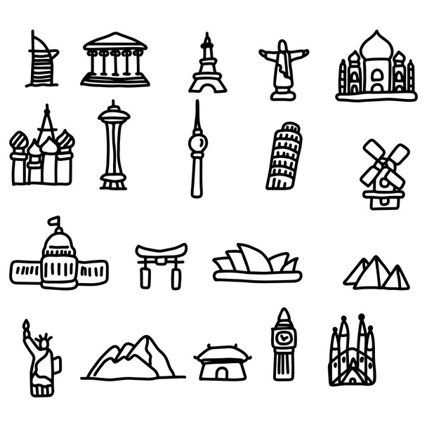 Viaggio punti di riferimento icona set vettoriale illustrazione schizzo disegnato a mano con linee nere, isolato su sfondo bianco
 - Vettoriali, immagini