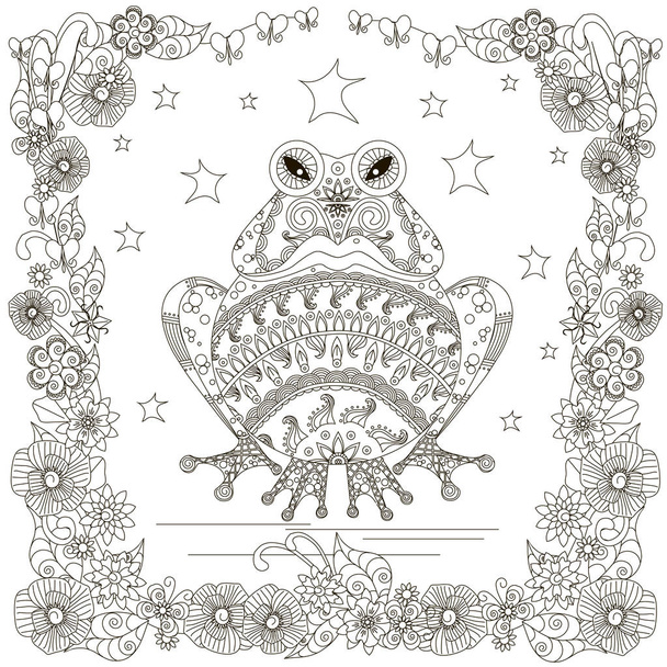 Monochromatický doodle ručně tažené žába, hvězdy květiny rámec. Proti stresu vektorové ilustrace - Vektor, obrázek
