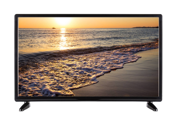 Moderno televisor negro con paisaje marino
 - Foto, Imagen