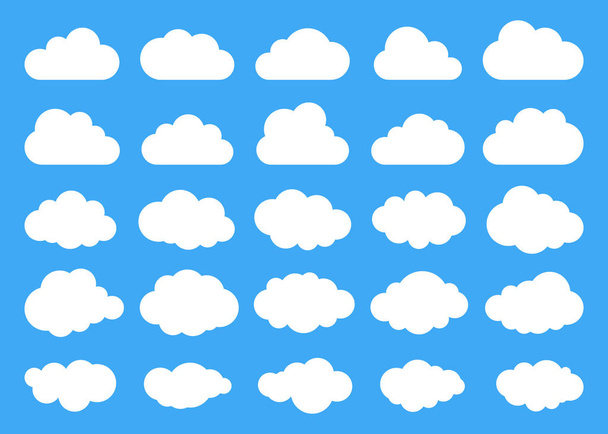 Siluetas de nubes. Conjunto vectorial de formas de nubes. Colección de diversas formas y contornos. Elementos de diseño para las aplicaciones de previsión meteorológica, interfaz web o almacenamiento en la nube - Vector, Imagen