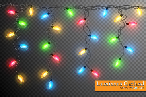 Color garland, festive decorations. Glowing christmas lights isolated on transparent background - Vector, Image