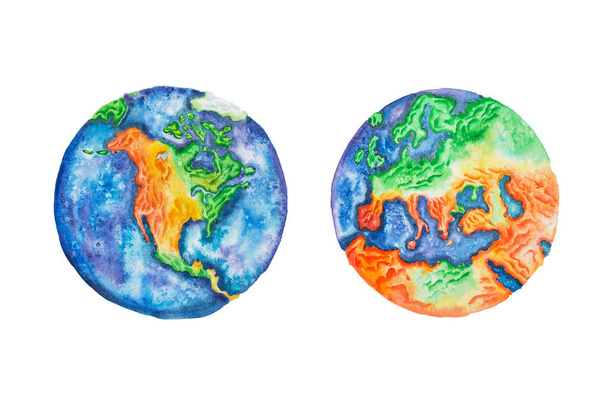 Globo. Ilustración en acuarela del planeta Tierra América del Norte y Europa continentes y continentes
. - Foto, Imagen