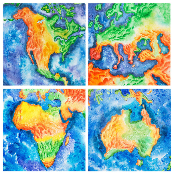 Χάρτης. Ακουαρέλα εικονογράφηση της Αυστραλίας Αφρική Αμερική Ευρώπη ηπειρωτικές χώρες, ηπείρους. - Φωτογραφία, εικόνα