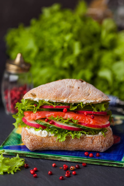 Ciabatta sandwich with salmon, vegetables and fresh salad on woo - Valokuva, kuva