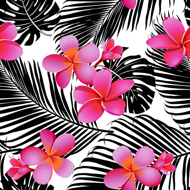 Tropical coral flowers and leaves on black and white background. Seamless. Vector. - Vector, Image