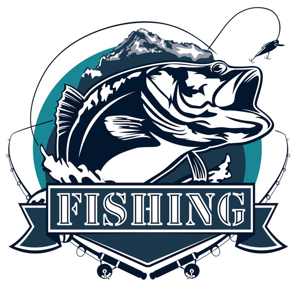Bass fishing net emblem - Vector, Image