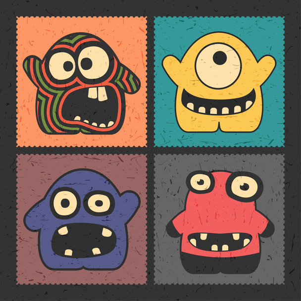 Set of four funny monsters with different emotions on grunge color background. Postage stamp`s with cute colorful robots. cartoon illustration  - Вектор,изображение