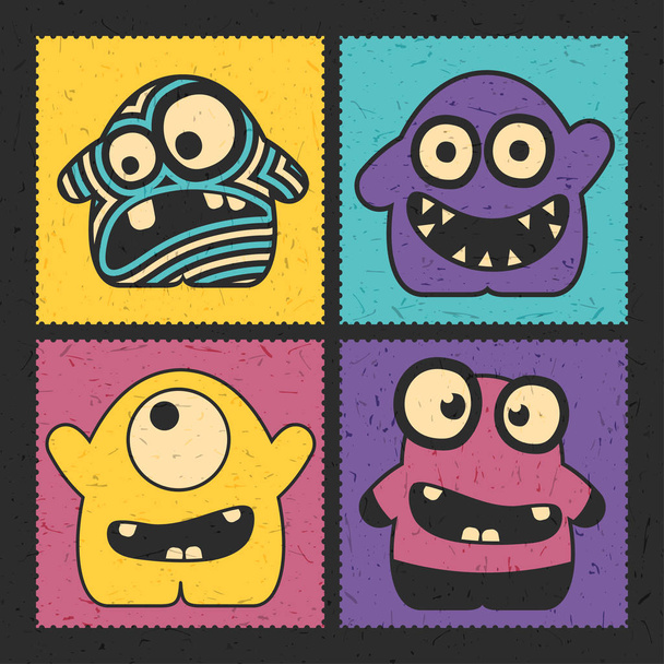 Set of four funny monsters with different emotions on grunge color background. Postage stamp`s with cute colorful robots. cartoon illustration  - Вектор, зображення
