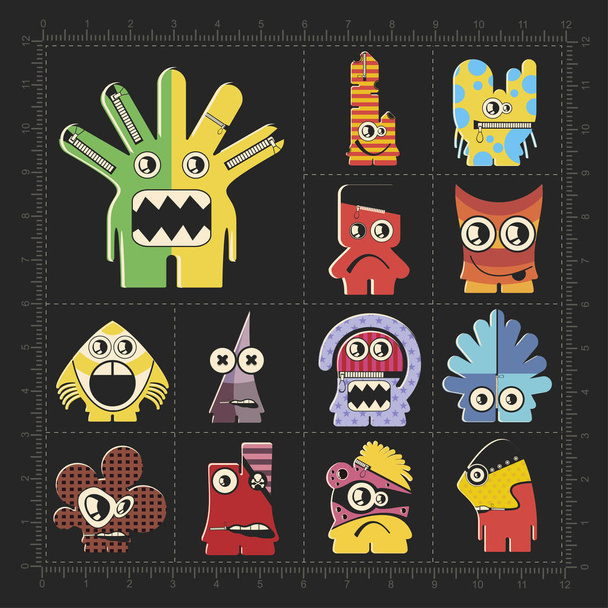 Cute colorful monsters on black. Set of thirteen robots stickers for different use. cartoon illustration - Vector, imagen