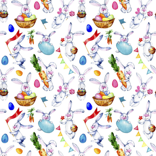 Seamless easter bunnies pattern. Watercolor illustration on white background.  Pattern with cartoon bannies, eggs, carrots, candy and  flag, hand drawing. - Fotó, kép