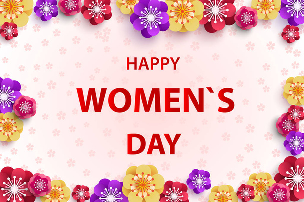 Women's Day greeting card with square frame and paper cut flowers on colorful modern geometric background. Vector illustration. Place for your text. - Vektor, Bild