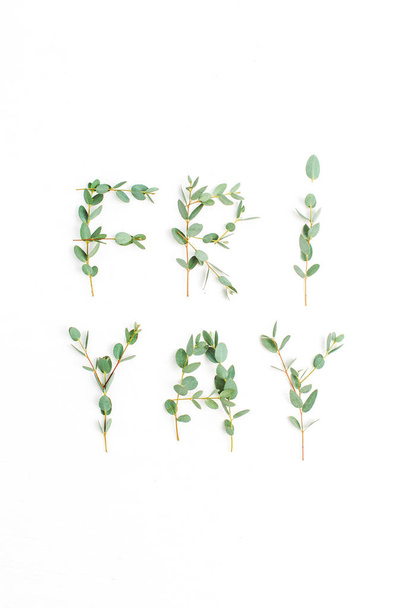 Urban word Friyay. The last day of the work week concept made of eucalyptus branch on white background. Flat lay, top view. - Photo, Image